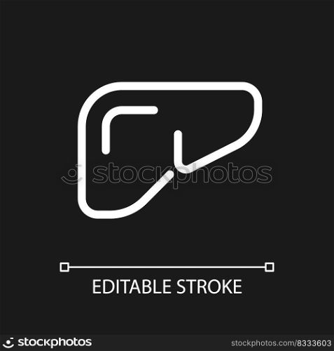 Liver pixel perfect white linear ui icon for dark theme. Internal body organ. Digestive system. Vector line pictogram. Isolated user interface symbol for night mode. Editable stroke. Arial font used. Liver pixel perfect white linear ui icon for dark theme