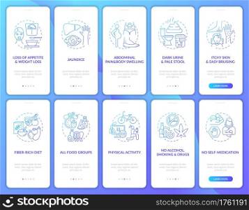 Liver problems treatment onboarding mobile app page screen with concepts set. Signs prevention walkthrough 5 steps graphic instructions. UI, UX, GUI vector template with linear color illustrations. Liver problems treatment onboarding mobile app page screen with concepts set