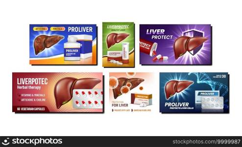 Liver Treat And Protect Promo Posters Set Vector. Liver Herbal Therapy And Treatment, Pharmacy Pills Blank Packages And Bottles On Advertising Banners. Style Concept Template Illustrations. Liver Treat And Protect Promo Posters Set Vector