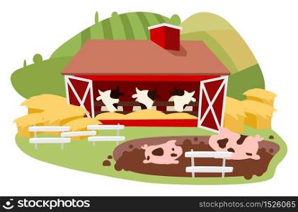 Livestock and cattle farming flat vector illustration. Dairy farm isolated cartoon concept. Cows barn and pig fence with hay bales. Animal agriculture. Ranch in farmland, countryside landscape