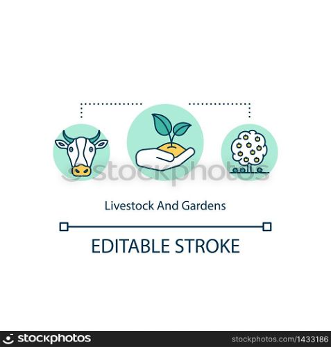 Livestock and gardens concept icon. Ranch production. Natural food. Fruit tree. Cow meat. Local farming idea thin line illustration. Vector isolated outline RGB color drawing. Editable stroke. Livestock and gardens concept icon