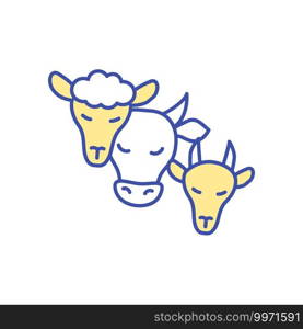 Livestock animals RGB color icon. Farm cattle care. Head of cow, lamb and sheep. Domesticated animals for ranch, farmland. Dairy industry. Agriculture production. Isolated vector illustration. Livestock animals RGB color icon