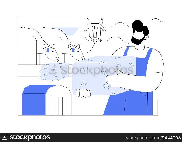 Livestock feed optimization abstract concept vector illustration. Farmer feeding cows on a ranch, low-emission diet for livestock, sustainable agriculture, agroecology industry abstract metaphor.. Livestock feed optimization abstract concept vector illustration.