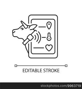 Livestock monitoring linear icon. Cattle tracking system. Cow location monitor. Smart agritech. Thin line customizable illustration. Contour symbol. Vector isolated outline drawing. Editable stroke. Livestock monitoring linear icon