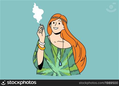Living as hippie and free lifestyle concept. Young smiling woman hippie standing smoking cigarette feeling free vector illustration . Living as hippie and free lifestyle concept