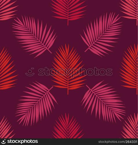 Living coral and purple tropical palm leaves seamless pattern. Vector illustration.
