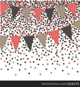 Living coral bunting background with confetti. Vector illustration.