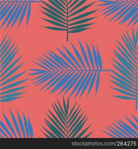 Living coral tropical palm leaves seamless pattern. Vector illustration.