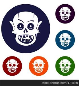 Living dead icons set in flat circle red, blue and green color for web. Living dead icons set