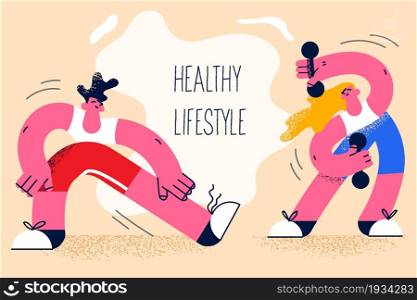 Living healthy active lifestyle concept. Young smiling couple man and woman cartoon characters doing training sports workout together with dumbbels in gym vector illustration . Living healthy active lifestyle concept