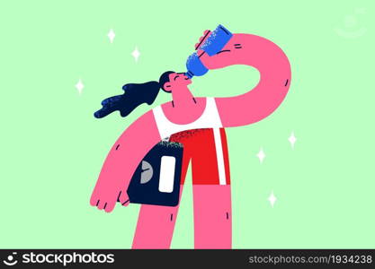 Living healthy lifestyle and diet concept. Young smiling girl cartoon character standing wearing sportswear holding scales and drinking pure water from bottle vector illustration . Living healthy lifestyle and diet concept