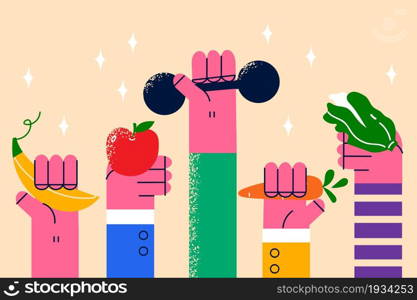 Living healthy lifestyle and eating concept. Human hands holding various fresh fruits and veggies and sport dumbbels for workout vector illustration . Living healthy lifestyle and eating concept