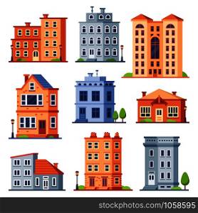 Living house buildings. Cottage houses exterior, condominium apartment building and modern cottages exteriors. Town cottage residential houses modern flat vector isolated icons set. Living house buildings. Cottage houses exterior, condominium apartment building and modern cottages exteriors flat vector set