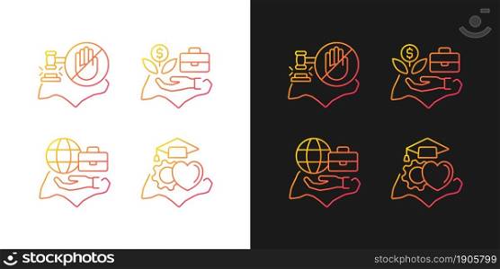 Living in Singapore gradient icons set for dark and light mode. Pro-business environment. Thin line contour symbols bundle. Isolated vector outline illustrations collection on black and white. Living in Singapore gradient icons set for dark and light mode