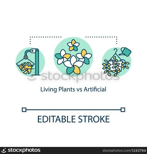 Living plants vs artificial concept icon. Pros and cons. Real and faux houseplants idea thin line illustration. Vector isolated outline RGB color drawing. Editable stroke