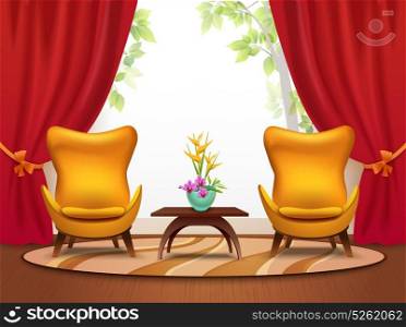 Living Room Cartoon Interior Illustration. Living room cartoon interior with armchair table and vase cartoon vector illustration