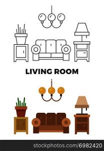 Living room concept - flat and line style living room design. Vector illustration. Living room concept - flat and line style living room design