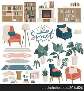 Living room construction set A cartoon illustration in a flat style with a boho-style color palette. Scandinavian interior.