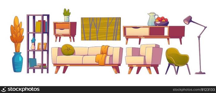 Living room cozy furniture cartoon vector set. Isolated flat interior with modern couch, table, bookstand, armchair and plant. Empty indoor home decor object collection. Stylish apartment elements. Living room cozy furniture cartoon vector set