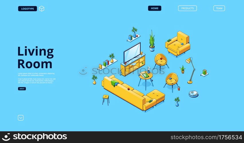 Living room design banner with yellow sofa, big window, tv and books on shelves. Vector landing page of designer website with isometric empty lounge interior with table, couch and chairs. Living room design banner with isometric interior