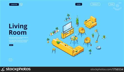 Living room design banner with yellow sofa, big window, tv and books on shelves. Vector landing page of designer website with isometric empty lounge interior with table, couch and chairs. Living room design banner with isometric interior