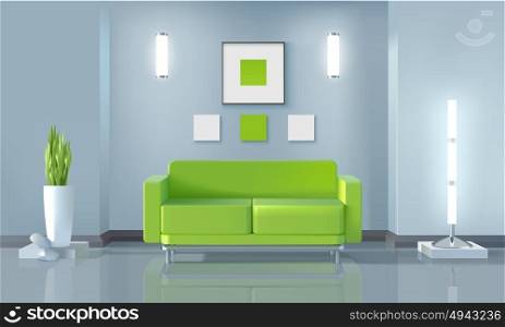 Living Room Design . Living room realistic design with green sofa and house plant vector illustration