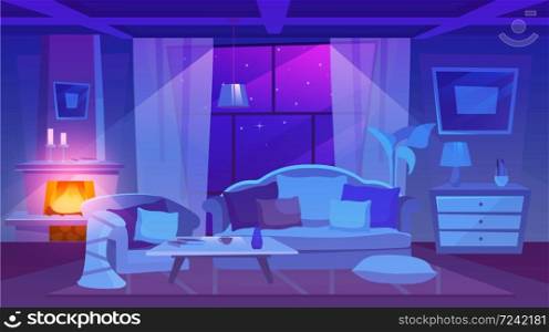 Living room furnishing night view flat vector illustration. Classic style dwelling place interior. Cartoon fireplace decorated with stylish candles. Elegant sofa and armchair with cushions on floor