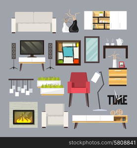 Living room furniture decorative icons set with sofa bookshelf tv table isolated vector illustration. Living Room Furniture Set