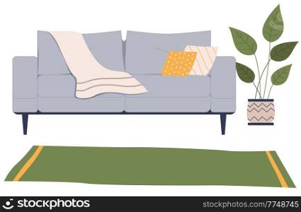 Living room furniture design, comfort home interior elements. Contemporary furniture for living room or apartment. Sofa with pillows and plaid, potted plant at the carpet. Modern sofa place to relax. Living room modern furniture design. Sofa with pillows and plaid, potted plant at the carpet