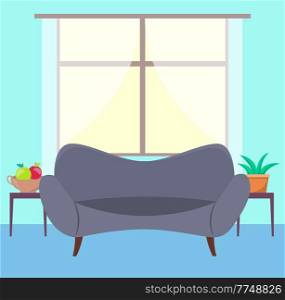 Living room furniture design, modern home interior elements. Contemporary furniture for living room or home office. Comfortable soft couch and potted plant at the window. Modern sofa place to relax. Living room furniture design, modern home interior elements. Contemporary furniture for living room