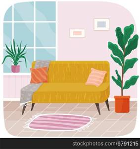 Living room furniture design, modern home interior elements. Contemporary furniture for living room or home office. Sofa with pillows, carpet and potted plant at window. Modern sofa place to relax. Living room furniture design, modern home interior elements. Sofa with pillows, carpet, potted plant