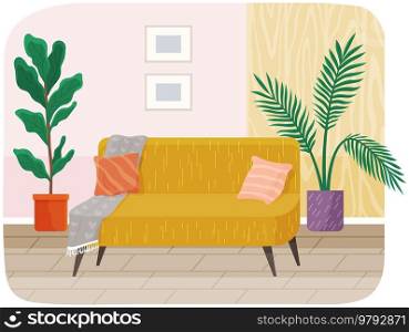 Living room furniture design, modern home interior elements. Contemporary furniture for living room or home office. Sofa with pillows. Modern sofa place to relax. Living room furniture design, modern home interior elements. Sofa