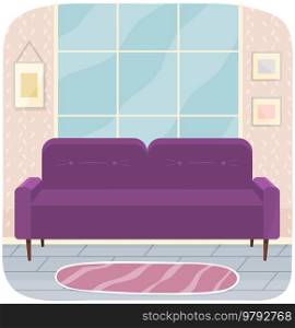 Living room furniture, interior composition with purple sofa and panoramic window. Comfortable sofa, large interior element. Lounge couch in living room. Arrangement of furniture in apartment. Comfortable purple sofa, large interior element. Lounge couch, cozy furniture in living room