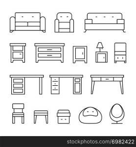 Living room furniture line icons set for room interior, vector illustration. Living room furniture line icons set