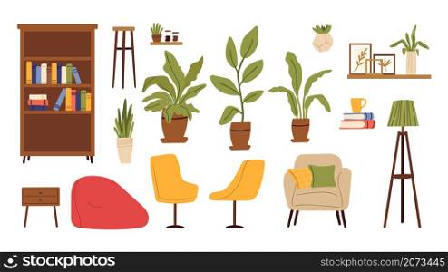 Living room furniture. Scandinavian furnitures, plants in pot, chairs and shelves with book. Isolated bookcase, scandi home accessories vector set. Illustration home interior, furniture to apartment. Living room furniture. Scandinavian furnitures, plants in pot, chairs and shelves with book. Isolated flat bookcase, scandi home accessories vector set