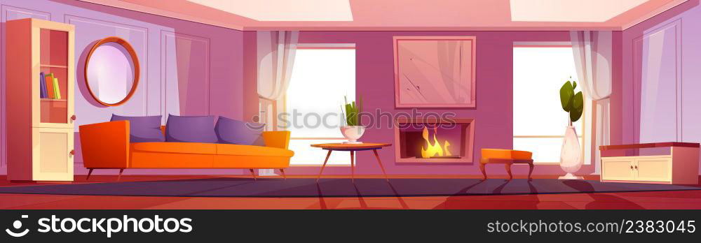 Living room, home interior with burning fireplace, modern furniture, couch with pillows, daybed, wooden coffee table with flower in vase, curtained windows and bookcase, Cartoon vector illustration. Living room, home interior with burning fireplace