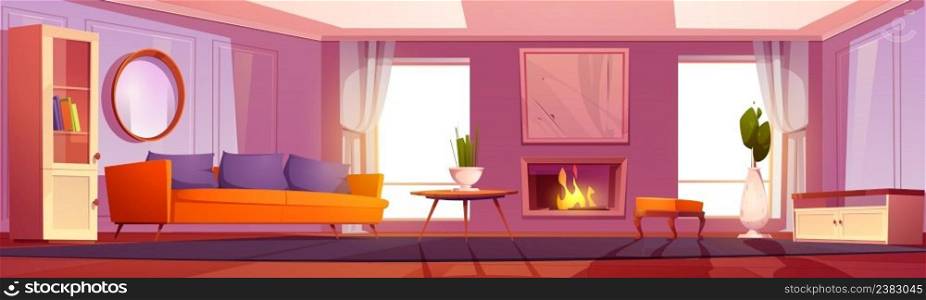 Living room, home interior with burning fireplace, modern furniture, couch with pillows, daybed, wooden coffee table with flower in vase, curtained windows and bookcase, Cartoon vector illustration. Living room, home interior with burning fireplace