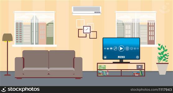 Living room home interior with two windows,sofa,tv and air conditioning,interior design with furniture,flat vector illustration. Living room home interior with two windows,sofa,tv and air condi