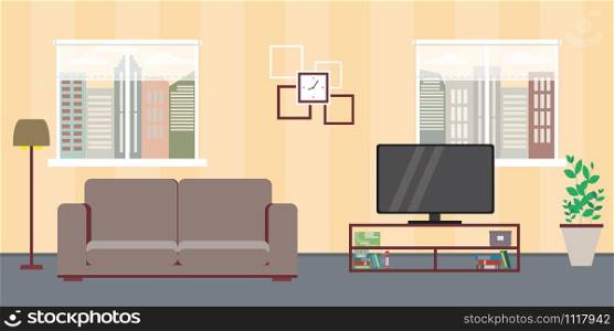 Living room home interior with two windows,sofa,tv,interior design with furniture,flat vector illustration. Living room home interior with two windows,sofa,tv,interior desi