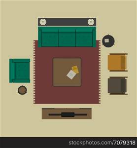 Living room in flat style. Living room furniture in top view. Vector illustration banner with lounge zone in flat style.