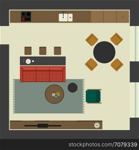 Living room in flat style. Living room in flat style, top view. Open space living room in apartment with furniture. Vector illustration banner with lounge zone, kitchen and dining table.