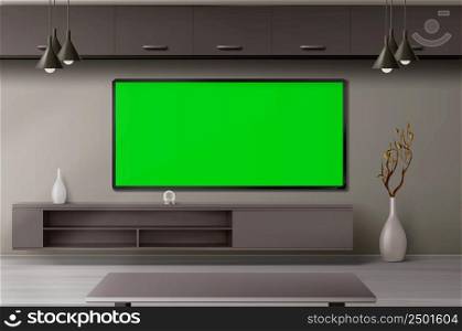 Living room interior 3d vector project with tv set, stand with shelves, table, ceiling lamps and decor. Home, hotel suite, studio, house, apartment accommodation Realistic design, visualization render. Living room interior 3d vector project with tv set