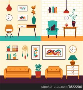Living room interior. Comfortable sofa, chair, house plants and decor accessories. Vector flat illustration