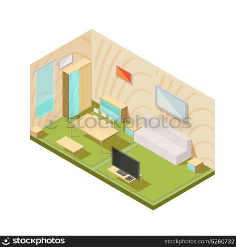 Living Room Interior Composition. Furniture composition with isometric living room interior tv set window tables wardrobe sofa and bedside tables vector illustration