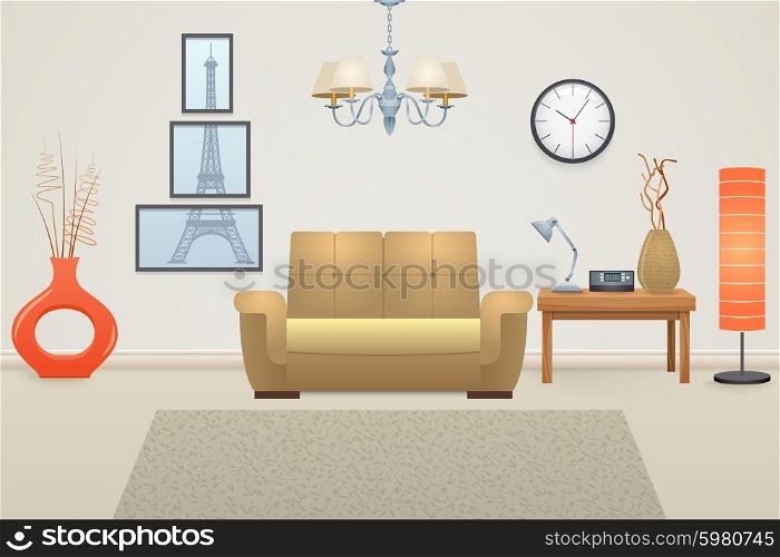Living room interior concept with furniture and decor elements vector illustration. Living Room Interior