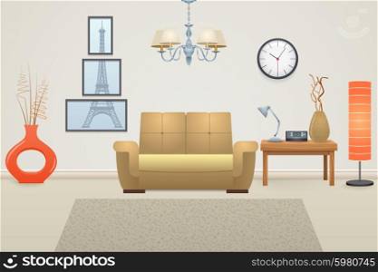 Living room interior concept with furniture and decor elements vector illustration. Living Room Interior