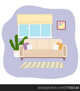 Living room interior design flat vector illustration. Window on the background of a comfortable sofa. Arrangement of furniture and layout of premises in the apartment. Furniture equipment of rooms. Living room interior design flat vector illustration. Window on the background of a comfortable sofa