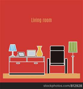 Living room interior design in line art style. Vector illustration. Living room interior design