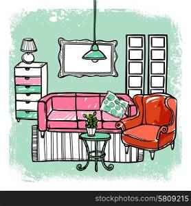 Living room interior design template with sketch furniture vector illustration. Furniture Sketch Illustration