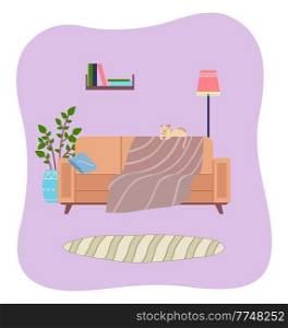 Living room interior design vector illustration. Cat lies on the back of the sofa. Arrangement of furniture and layout of premises in the apartment. Houseplant next to the couch covered with a blanket. Living room interior design flat vector illustration. The cat lies on the back of the sofa